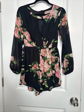 Reverse Black Floral Long-Sleeve Romper with Pink & Green Accents